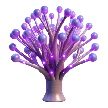 extraordinary minimalist A bioluminescent tree with branches made of fiber optic cables, emitting soft violet light, in a fantasy style high quality png