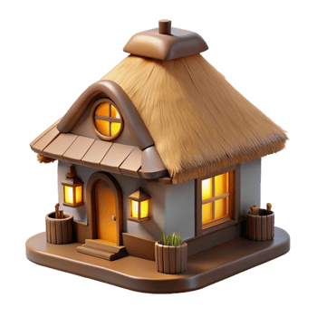 stunning abstract A traditional thatched roof cottage, cozy interior, warm lighting, idyllic setting high quality png
