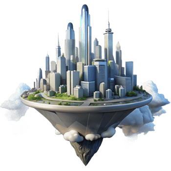 elegant modern Floating island city, futuristic skyscrapers, clouds below, aerial perspective, dreamlike atmosphere, digital painting high resolution png