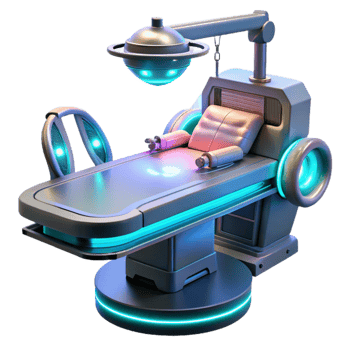 beautiful creative A futuristic medical device, with glowing lights and intricate wires, hovers over a patient on a surgical table. Sci-fi realism style high resolution png