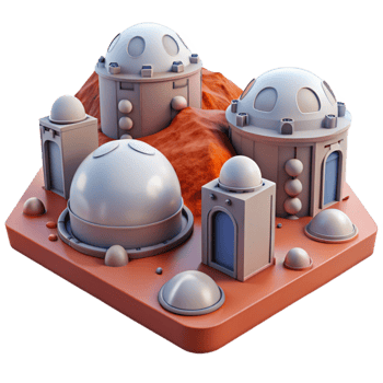 serene rustic Mars colony habitat, modular structures, red Martian landscape, daytime lighting, science fiction art original png