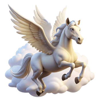 elegant rustic A graceful pegasus, with wings of pure white, soaring through a cloudy sky, lit by the rays of the sun. Romantic painting style professional png