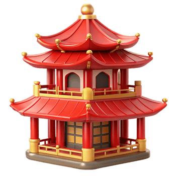 serene classic Traditional Chinese pagoda, tiered roof, red and gold details, intricate carvings, oriental style genuine png