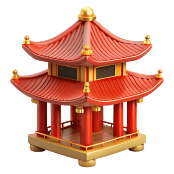 dramatic creative Traditional Chinese pagoda, intricate roof details, red and gold accents, bright daylight, oriental style premium png