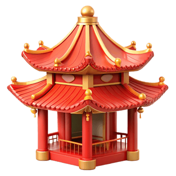 beautiful creative Traditional Chinese pagoda, intricate roof details, red and gold accents, bright daylight, oriental style 4K png