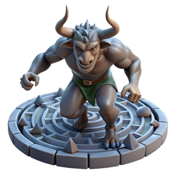 dramatic modern A fierce minotaur with the head of a bull and the body of a man, charging through a labyrinth. Dark fantasy art style exclusive png