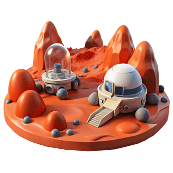magnificent minimalist Mars colony, red dust landscape, futuristic habitats, rovers exploring the terrain exclusive png