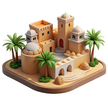dramatic rustic Desert oasis city, adobe buildings, palm trees, intense sunlight, Middle Eastern architecture, photorealistic, original png