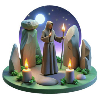 serene traditional A mysterious druid performing a ritual, surrounded by standing stones, lit by the ethereal glow of the full moon. Celtic mythology, painting style exclusive png