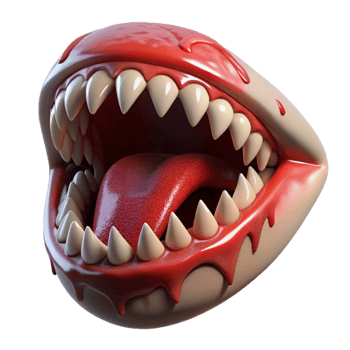 wonderful modern A close-up of a screaming mouth filled with razor-sharp teeth, lit by a strobe light, with blood dripping from the lips. Extreme horror style high resolution png