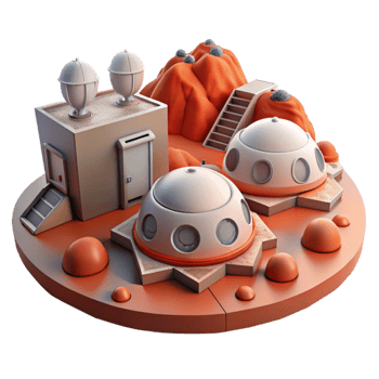 dramatic artistic Mars colony habitat, modular structures, red Martian landscape, daytime lighting, science fiction art authentic png
