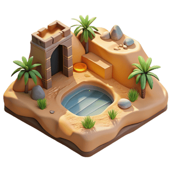 vibrant contemporary A desert oasis with a hidden subterranean dwelling, warm sand tones, soft light, mysterious atmosphere, concept art style high quality png