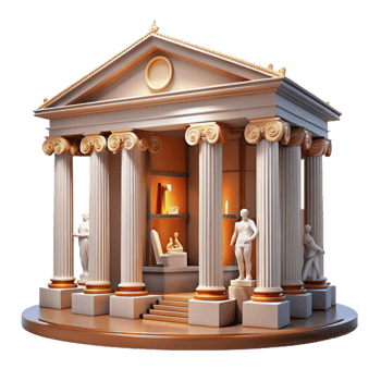 stunning abstract Neoclassical library, grand columns, marble statues, warm interior lighting, classical painting style premium png