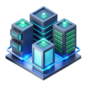 stunning artistic A futuristic data center, servers glowing with blue and green LEDs, complex network cables connecting everything, isometric perspective, technical illustration style detailed png