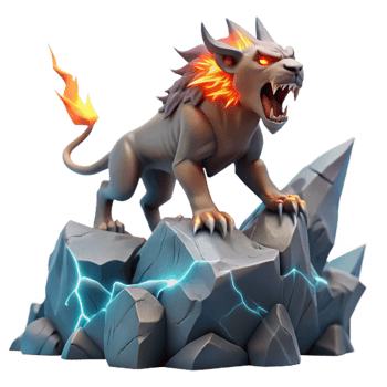 stunning abstract A fierce chimera, breathing fire and ice, standing on a jagged cliff overlooking a stormy sea, lit by bolts of lightning. Concept art style 4K png