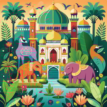 Traditional Mughal Garden with Elephants Monkeys and Parrots vector