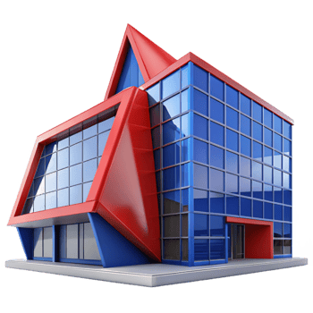 dramatic minimalist Deconstructivist office building, sharp angles, tilted walls, vibrant red and blue panels, overcast lighting, photorealistic render exclusive png