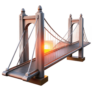 magnificent classic Suspension bridge, steel cables, dramatic perspective, sunset glow, industrial aesthetic, photorealistic render genuine png