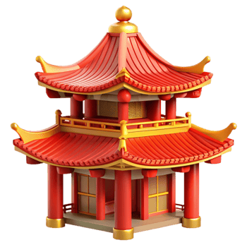 beautiful creative Traditional Chinese pagoda, intricate roof details, red and gold accents, bright daylight, oriental style original png