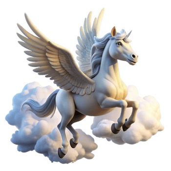 wonderful contemporary A winged Pegasus soaring through the clouds, sunlight glinting off its white coat. Dynamic pose, realistic rendering authentic png