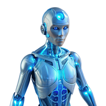 extraordinary artistic A transparent humanoid android with glowing circuitry, intricate internal mechanisms visible, ethereal blue backlighting, futuristic style authentic png