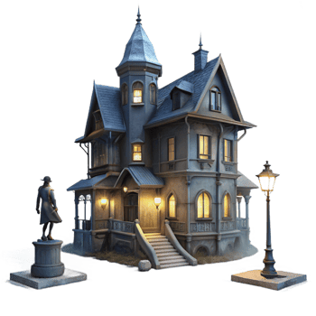 impressive rustic A decaying Victorian mansion, shrouded in thick fog, lit by a single flickering gas lamp in the hallway, with a shadowy figure lurking in the distance. Greg Rutkowski style detailed png