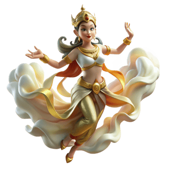 elegant creative A graceful Apsara dancing in the clouds, adorned with flowing silks, soft golden light. Southeast Asian mythology style high resolution png