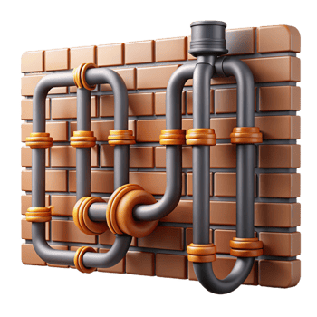 magnificent minimalist A complex network of pipes and wires crisscrossing a brick wall. Industrial style, natural lighting authentic png