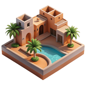 beautiful classic Desert oasis resort, low-slung adobe buildings, shimmering pool reflecting palm trees, intense desert sunlight, travel photography style original png