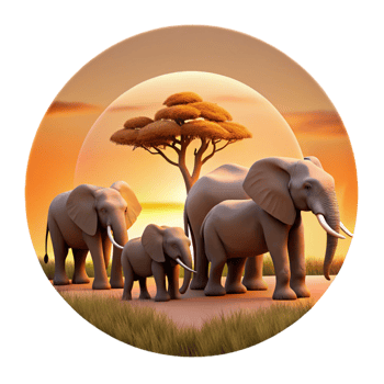 vibrant minimalist A herd of elephants migrating across the African savanna during sunset, depicted in a realistic style with warm, golden light and long shadows high quality png