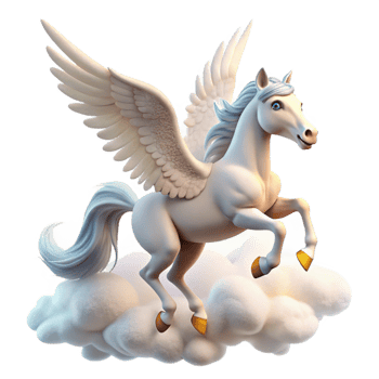 serene contemporary A majestic pegasus with feathered wings, soaring through the clouds, bathed in sunlight. Realistic style detailed png
