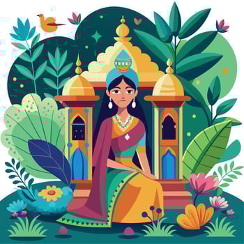 Serene Mughal Queen Relaxing in a Tranquil Garden with an Ornate Temple Arch vector