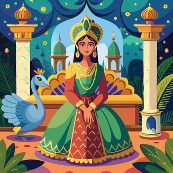 Mughal Queen Reposing in a Temple Garden amidst Peacocks vector