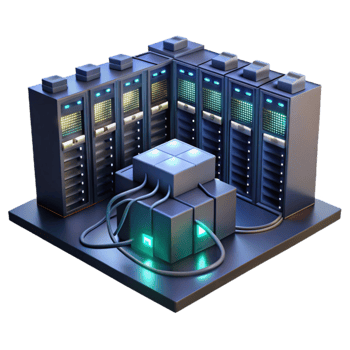 vibrant creative A server room filled with blinking lights and cables, complex network infrastructure, dark environment, realistic style detailed png