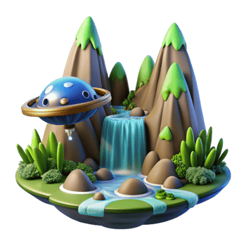 stunning traditional A spaceship landing on a lush alien planet, waterfalls cascading down towering mountains, vibrant flora and fauna surrounding the landing site. Photorealistic style high quality png