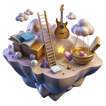 wonderful traditional A floating island composed of books and musical instruments, connected by ladders of light, under a nebula sky. Digital painting style original png