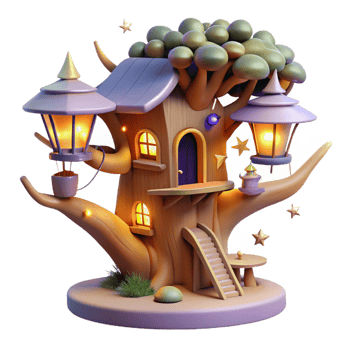 magnificent abstract A whimsical treehouse nestled in the branches of a giant, glowing tree, inhabited by playful fairies. Warm, magical lighting. Children's book illustration style exclusive png
