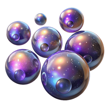 dramatic rustic A field of floating, iridescent bubbles, each containing a miniature galaxy, lit by the internal glow of the galaxies. Style Cosmic Horror detailed png