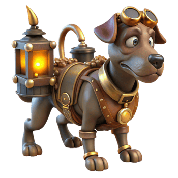 wonderful abstract A steampunk robotic dog, with exposed gears and pistons, carrying a small leather satchel, under the dim, flickering light of a gas lamp premium png
