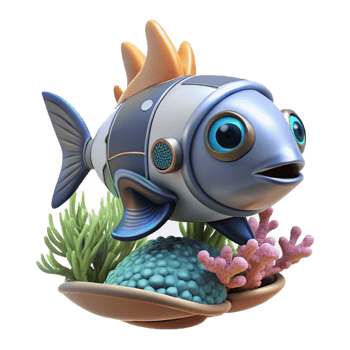 extraordinary classic A robot fish swimming in a coral reef, lit by underwater sunlight in an ocean documentary style professional png