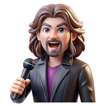 extraordinary artistic Portrait of a charismatic rockstar with long tousled hair, a leather jacket, and a microphone, lit by stage lights, in a pop art style 4K png