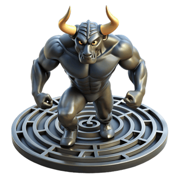extraordinary artistic A powerful minotaur, trapped in a labyrinth of polished obsidian. Muscled physique, intricate labyrinth details. Chiaroscuro lighting 4K png
