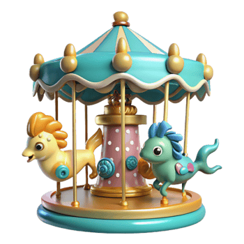 wonderful artistic A whimsical underwater carousel with seahorses and fish as riders, bright, cheerful lighting, playful, children's illustration style, premium png
