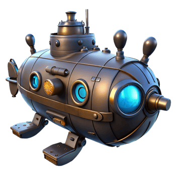 stunning traditional A steampunk submarine exploring the depths of the ocean. Dark, underwater lighting. Sci-fi art style detailed png