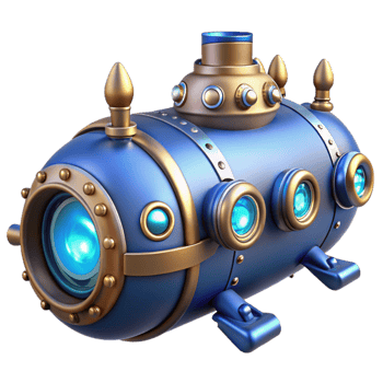 serene vintage A complex steampunk submarine, with portholes and intricate gears, underwater, blue-tinted lighting genuine png