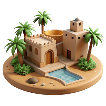 extraordinary vintage Desert oasis with traditional mud-brick architecture, palm trees, bright sunlight, realistic rendering detailed png