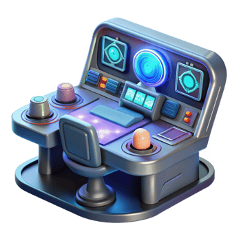 stunning abstract A futuristic control panel with glowing buttons and holographic displays, complex data streams visible, in a dimly lit room professional png
