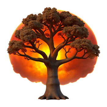 impressive vintage A gnarled oak tree silhouetted against a fiery sunset, dramatic and evocative, painterly style premium png