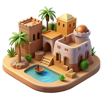 dramatic contemporary Desert oasis village, mud-brick buildings, palm trees, vibrant textiles, warm sunlight, Middle Eastern architecture professional png