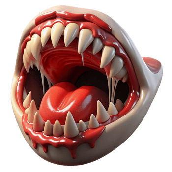 serene minimalist A close-up of a screaming mouth filled with razor-sharp teeth, lit by a strobe light, with blood dripping from the lips. Extreme horror style authentic png